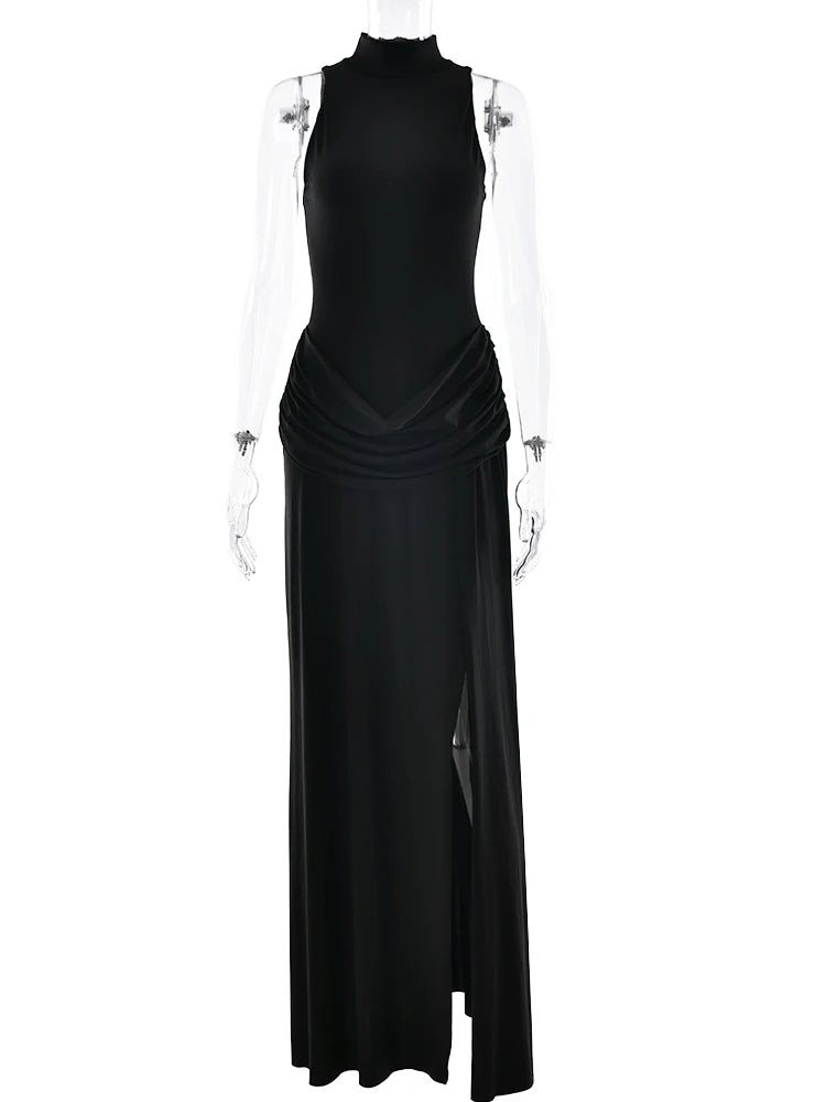 Women's Sleeveless Turtleneck Maxi Dress – Elegant High-Slit Summer Party Outfit