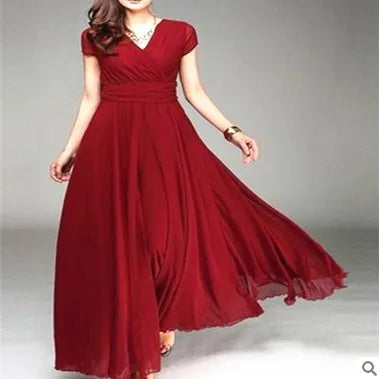 Women's Elegant Chiffon Evening Maxi Dress – Short Sleeves, V-Neck, Floor-Length
