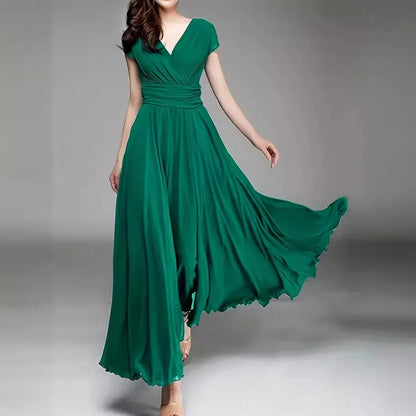 Women's Elegant Chiffon Evening Maxi Dress – Short Sleeves, V-Neck, Floor-Length