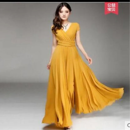 Women's Elegant Chiffon Evening Maxi Dress – Short Sleeves, V-Neck, Floor-Length