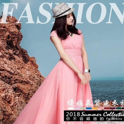 Women's Elegant Chiffon Evening Maxi Dress – Short Sleeves, V-Neck, Floor-Length