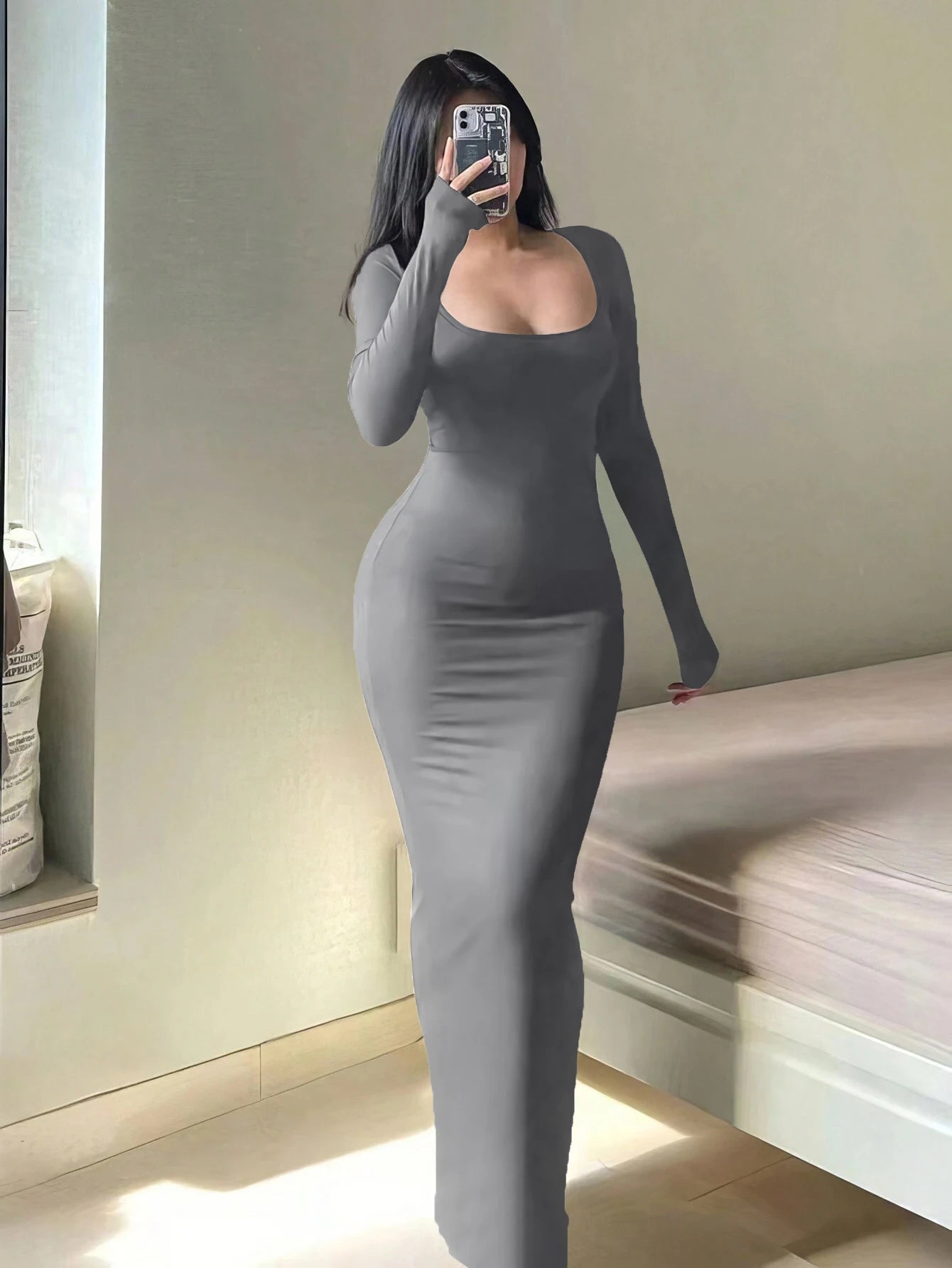 Women's Long Sleeve Bodycon Maxi Dress – Minimalist Scoop Neck