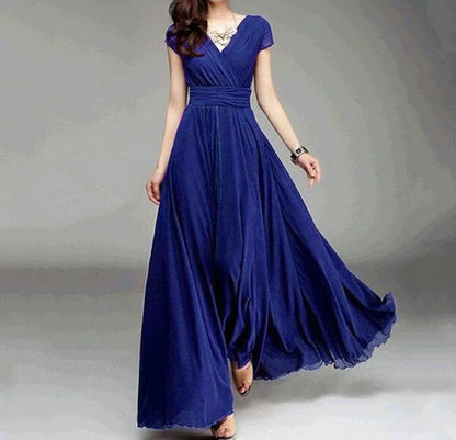 Women's Elegant Chiffon Evening Maxi Dress – Short Sleeves, V-Neck, Floor-Length