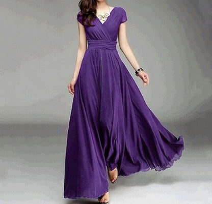 Women's Elegant Chiffon Evening Maxi Dress – Short Sleeves, V-Neck, Floor-Length