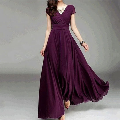 Women's Elegant Chiffon Evening Maxi Dress – Short Sleeves, V-Neck, Floor-Length