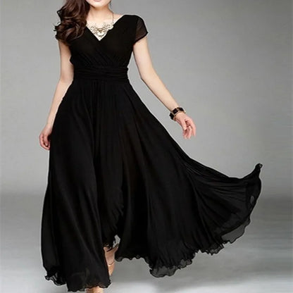 Women's Elegant Chiffon Evening Maxi Dress – Short Sleeves, V-Neck, Floor-Length