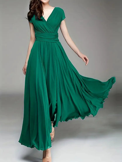 Women's Elegant Chiffon Evening Maxi Dress – Short Sleeves, V-Neck, Floor-Length