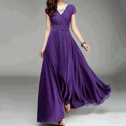 Women's Elegant Chiffon Evening Maxi Dress – Short Sleeves, V-Neck, Floor-Length