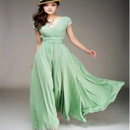 Women's Elegant Chiffon Evening Maxi Dress – Short Sleeves, V-Neck, Floor-Length