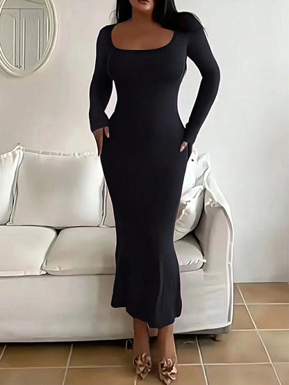 Women's Long Sleeve Bodycon Maxi Dress – Minimalist Scoop Neck