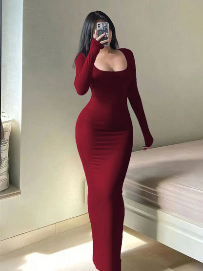 Women's Long Sleeve Bodycon Maxi Dress – Minimalist Scoop Neck