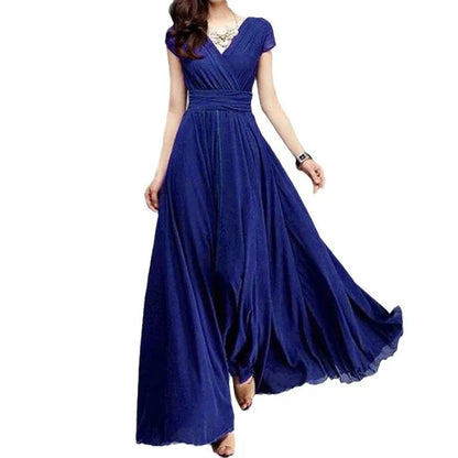Women's Elegant Chiffon Evening Maxi Dress – Short Sleeves, V-Neck, Floor-Length