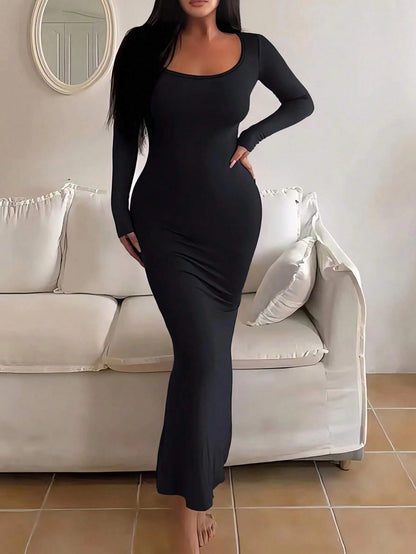 Women's Long Sleeve Bodycon Maxi Dress – Minimalist Scoop Neck