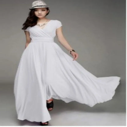 Women's Elegant Chiffon Evening Maxi Dress – Short Sleeves, V-Neck, Floor-Length