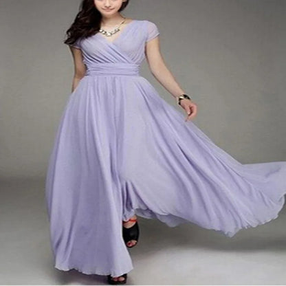Women's Elegant Chiffon Evening Maxi Dress – Short Sleeves, V-Neck, Floor-Length