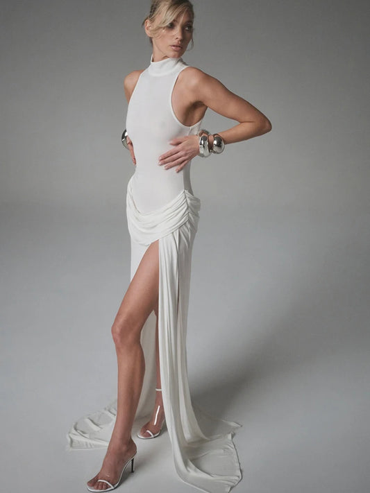 Women's Sleeveless Turtleneck Maxi Dress – Elegant High-Slit Summer Party Outfit